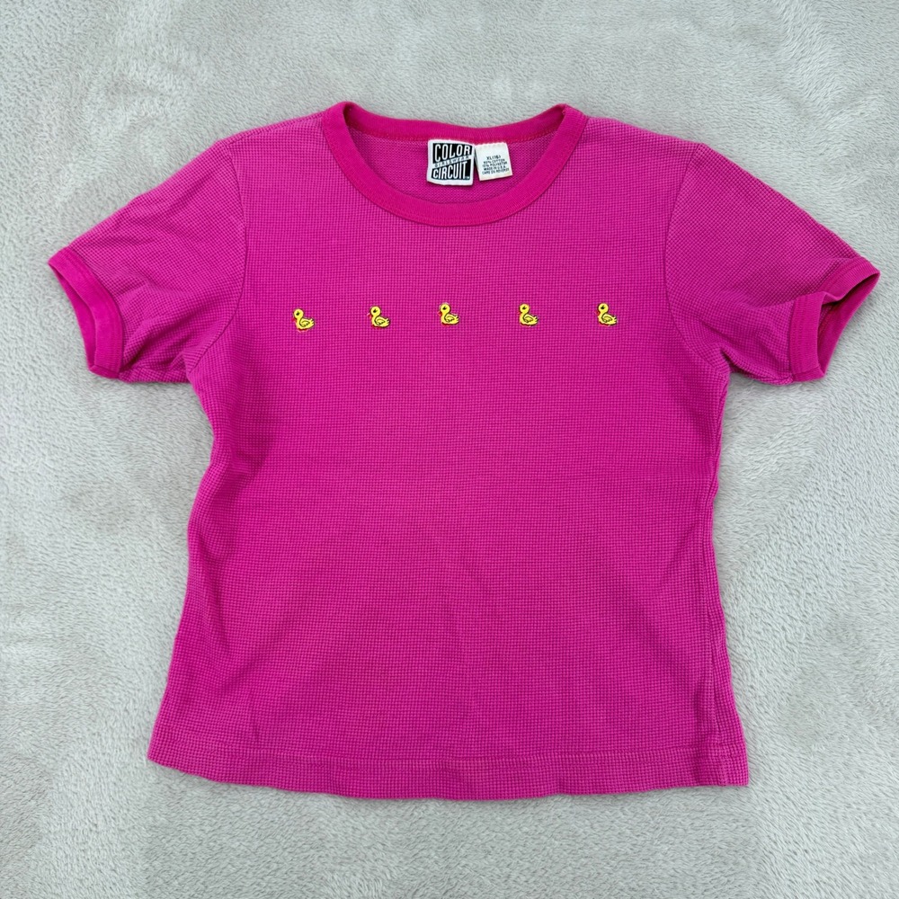 Vintage 90s Color Circuit Waffle‎ Knit Shirt Womens XL Pink Ducks Baby Tee USA